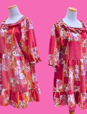 Handmade, Upcycled Vintage Warm Pink Floral Bed Sheet Dress Size M-L
